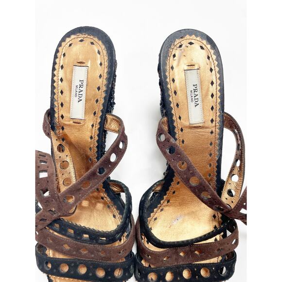 Prada Brown & Black Cutout Leather Woven Wedge Sandals Size 40 - Picture 7 of 10